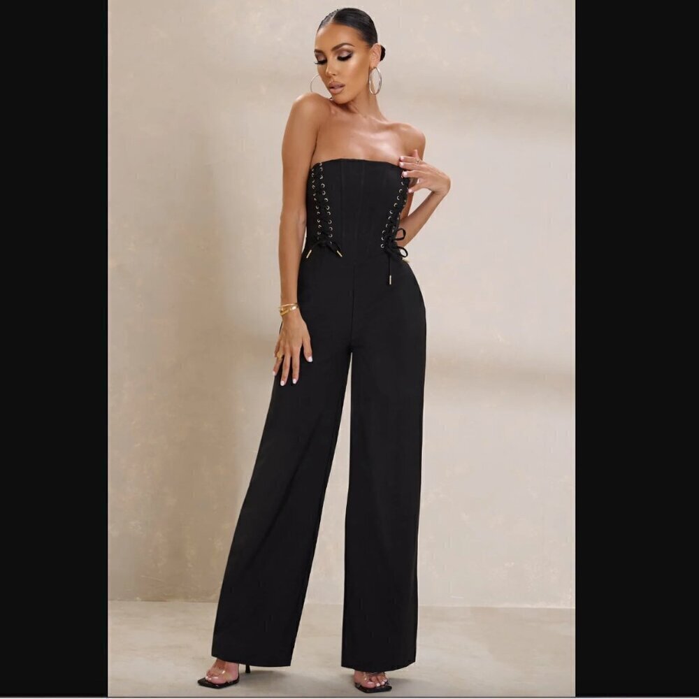 Club L Reborn Black Bandeau Jumpsuit With Lace Up Detail 6 NWT